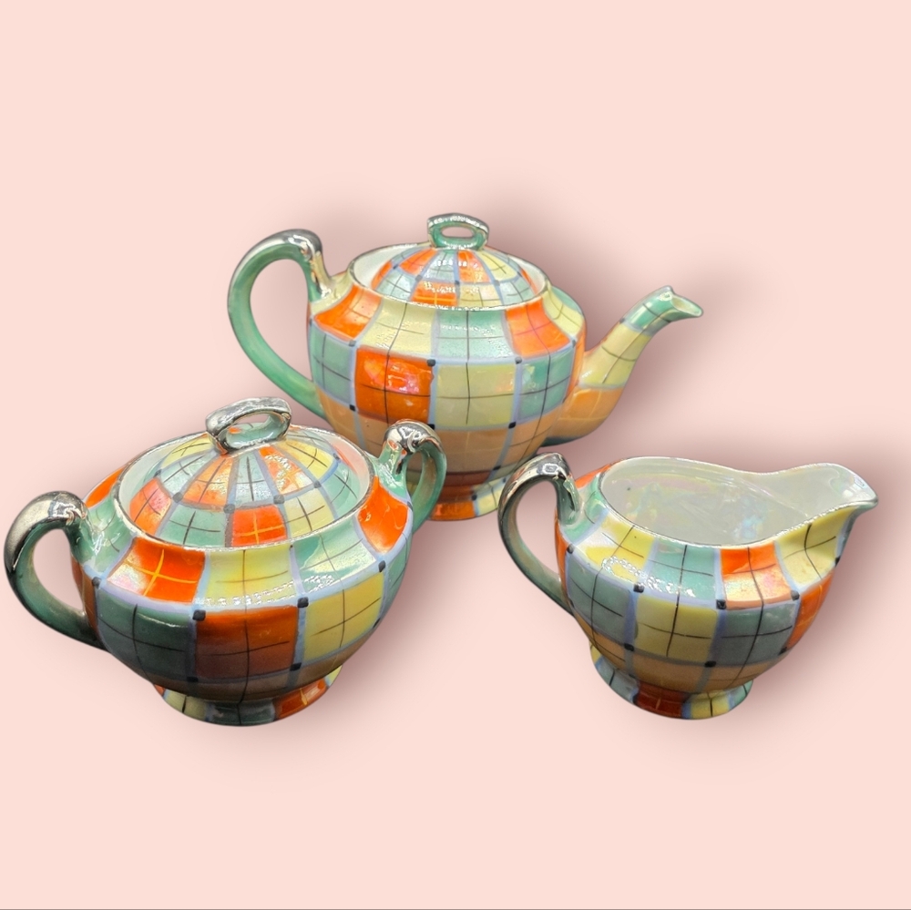 Gold Castle Japanese Ceramic Lusterware Colorful Checkered Tea Set. 1960's